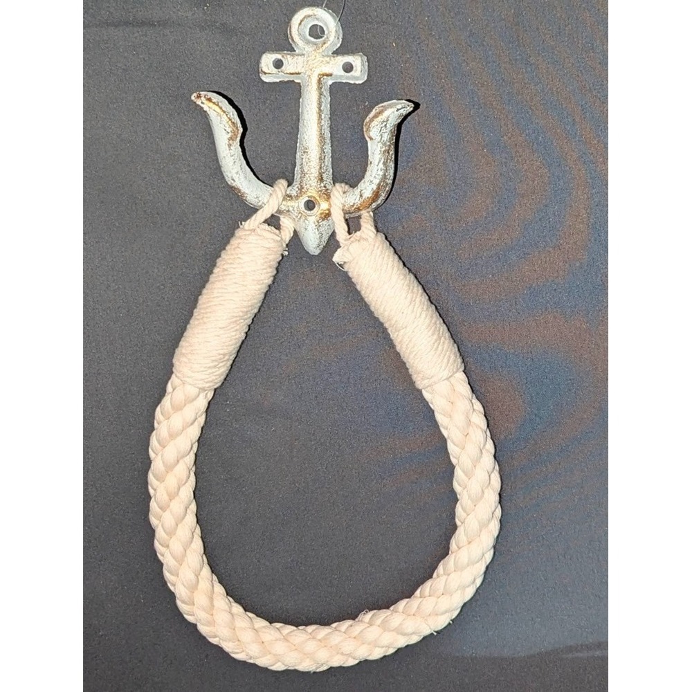 NWOT Nautical Anchor Rope Towel Holder hardware incl White + Gold